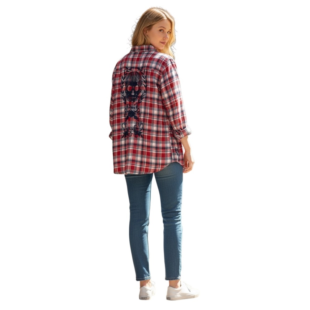 Johnny Was 3J Workshop Embroidered Skull Plaid Flannel Shirt L